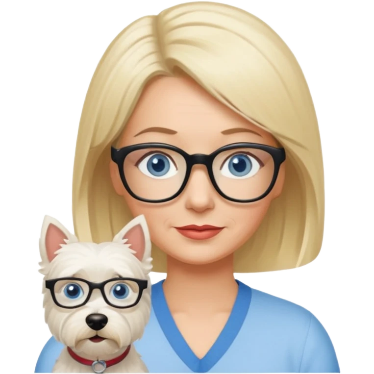 white woman blue eyes glasses middle aged blonde bob funny with westie emoji