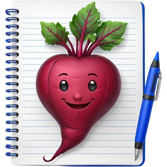 smiling beetroot in front of a spiral notebook with a blue pen emoji