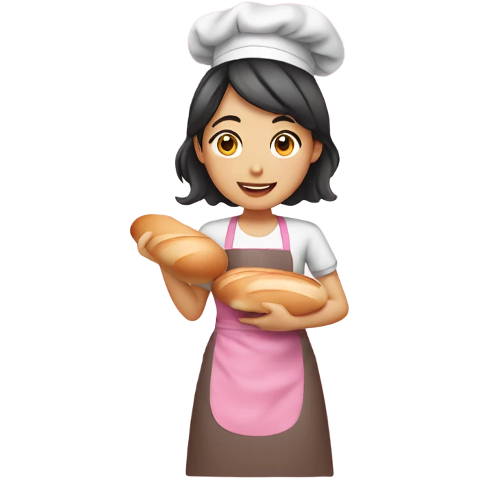 asian girl baking bread in a pink apron holding a bread pan emoji