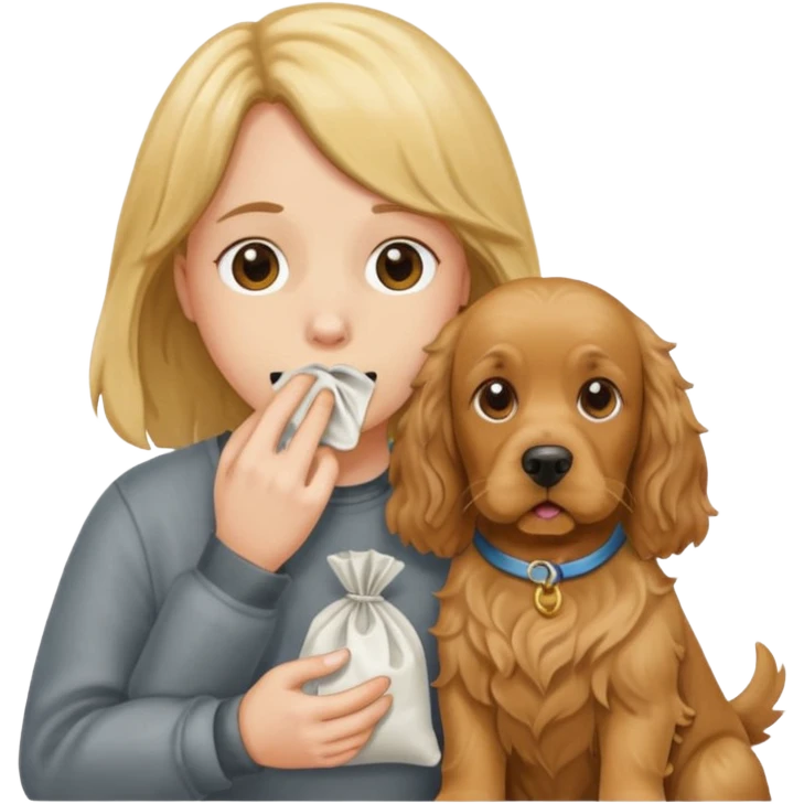 Holding my nose to a smelly poo bag with an English golden cocker spaniel emoji