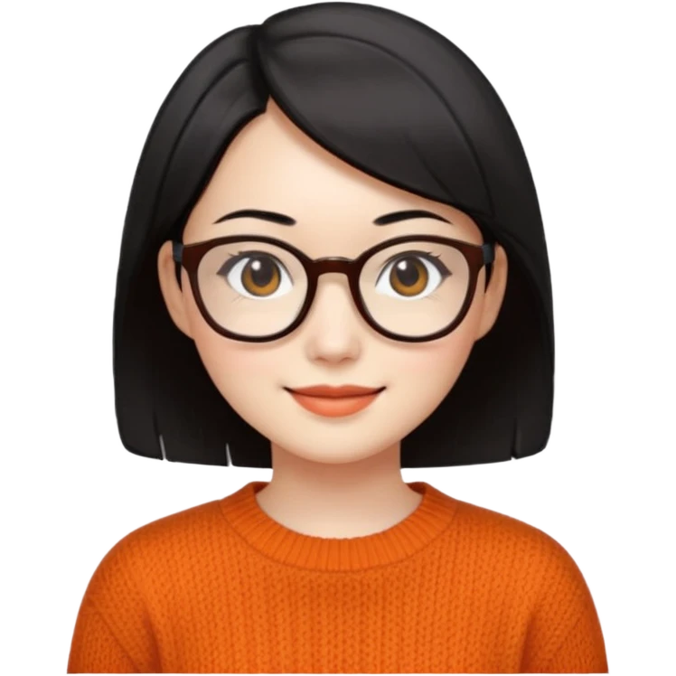 Korean 35-year-old female online marketer / white face / smiling expression / short hair / intellectual look / black hair / orange knit / brown glasses emoji