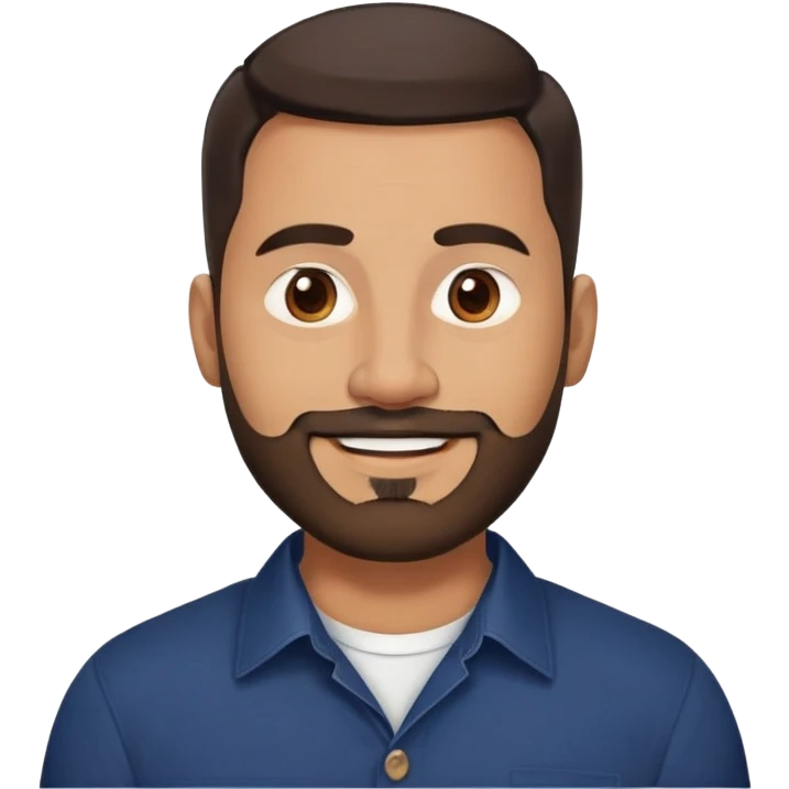 Robust warm-looking man in his early 40s with light brown skin, round face, full cheeks, medium brown eyes, thick eyebrows, wide nose, friendly smile, short neat full beard, very short dark hair, wearing a navy blue button-up shirt emoji