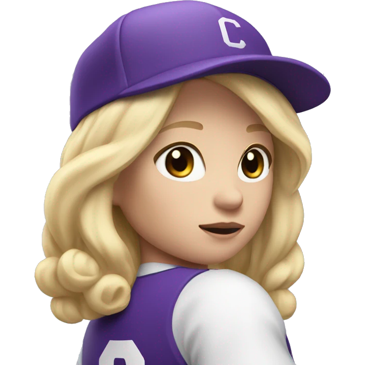 baseball card character. Blonde female shoulder length hair. letter C logo. Purple and white uniform. emoji