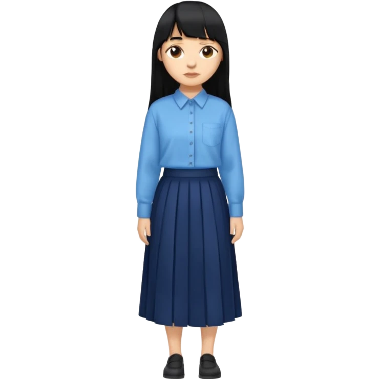 hair : black long hair with fringe 
skin : light 
cloth : oversize light blue shirt + navy long long skirt 
 emoji