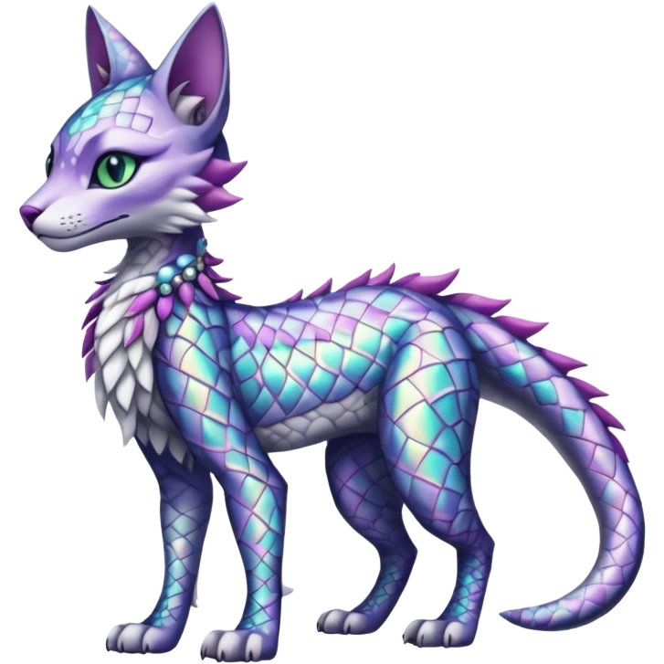 Kawaii iridescent beautiful pretty elegant divine edgy fantasy feline-vernid-sergal-fursona-animal-creature with accessories, full body with intricate pattern-markings  emoji