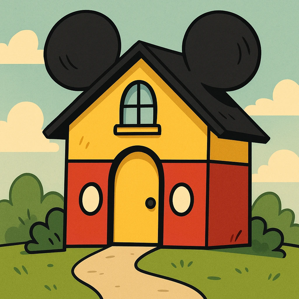 House shaped like Mickey Mouse, whimsical design, playful and colorful, cartoon style, house with Mickey Mouse ears and colors emoji