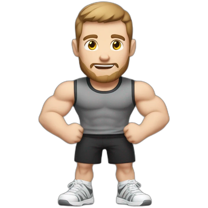 Close up Actively gesturing  with hands Pale skinned Fit Man With the biceps and brown hair in dark gray Sleeveless Mike, black oversize sports shorts, watch and white Sneakers emoji