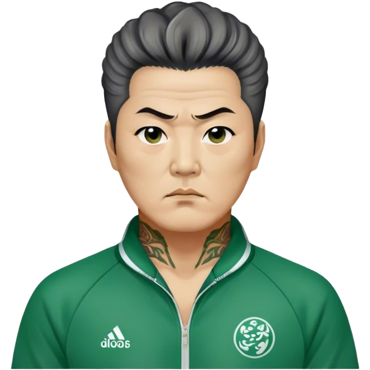 Jang Deok-su , Age: Late 50s
Appearance: A fierce man with tattoos, A large hair, have a tattoo on his neck.
Outfit: Green player tracksuit emoji