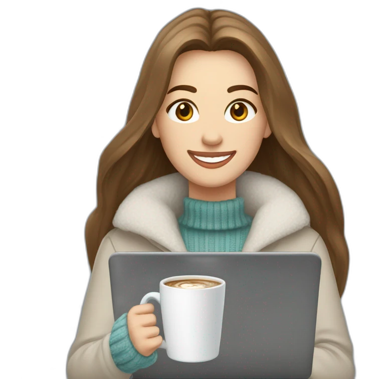 smiling woman with pale skin middle brown long straight hair in a snowstorm with a laptop and a coffee mug wearing a white woolly shirt emoji