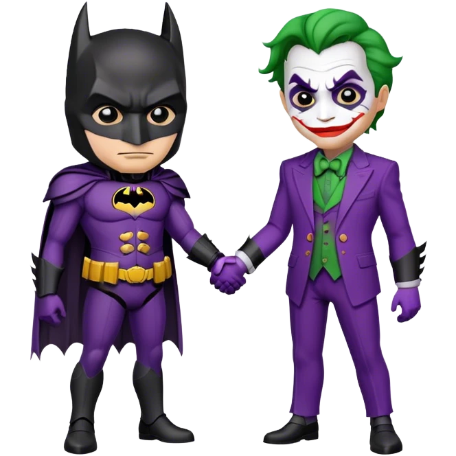 the batman in black armor and the joker in purple suit holding hands emoji