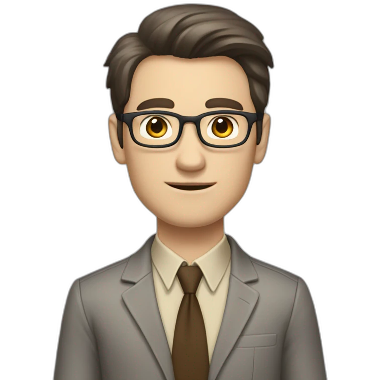 Full height Gesticulating Pale skinned fit man with dark brown hair in gray jacket, beige office shirt, brown tie, brown pants and vintage glasses. emoji