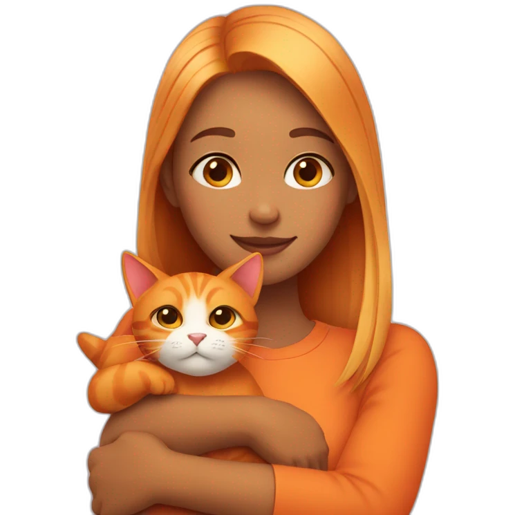 Girl with center parting hugs orange cat emoji