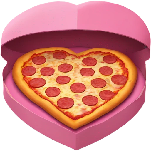 Realistic heart shaped pizza sitting flat in an open top pink pizza box. emoji