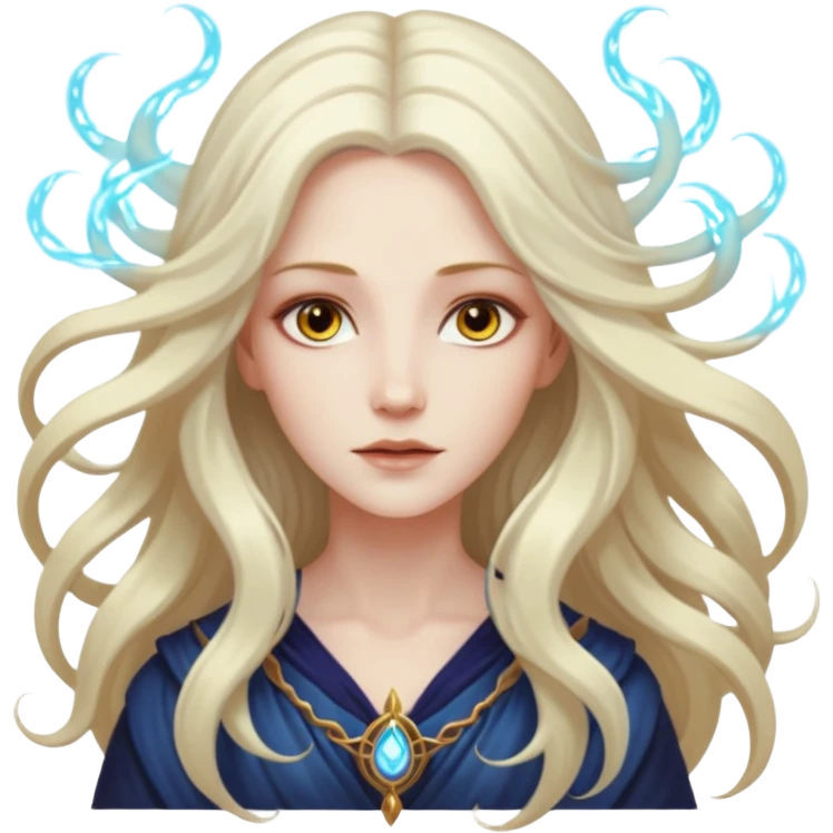 White Long Haired Women, Mystic seer — hair floating, glowing eyes emoji