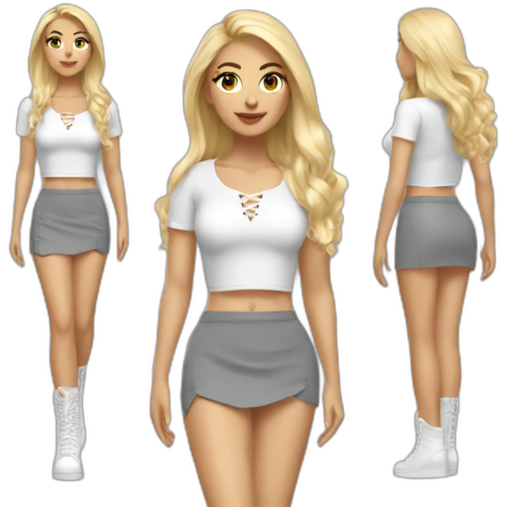 white long straight blonde woman realistic white lace up crop top and grey mini skirt body emoji