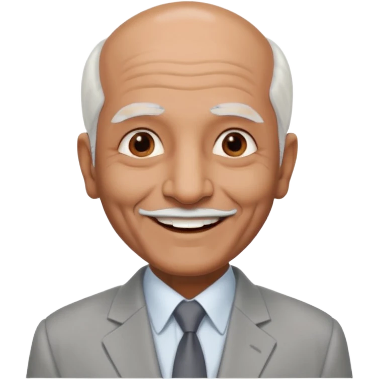 70 yr old indian man, almost bald, some white hair, light grey business suit, big smile, dark brown skin, no moustache
 emoji