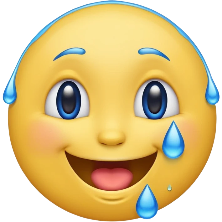Emoji, yellow round laughing face, blue tears of joy on it. 2 big blue tears on each of the 2 cheeks emoji