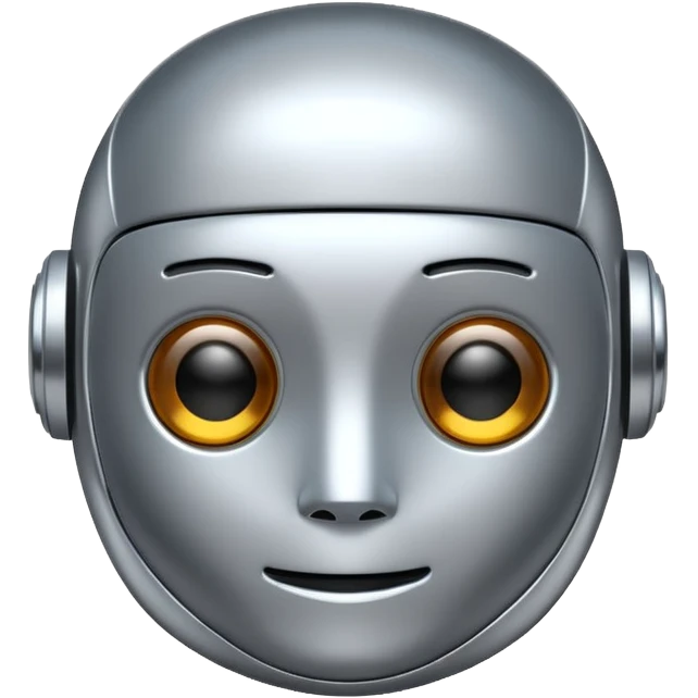 A cute futuristic robot emoji made of silver chrome, rounded friendly body, minimal facial features, glossy metallic surface, soft reflections, iOS emoji style, centered, clean white background emoji