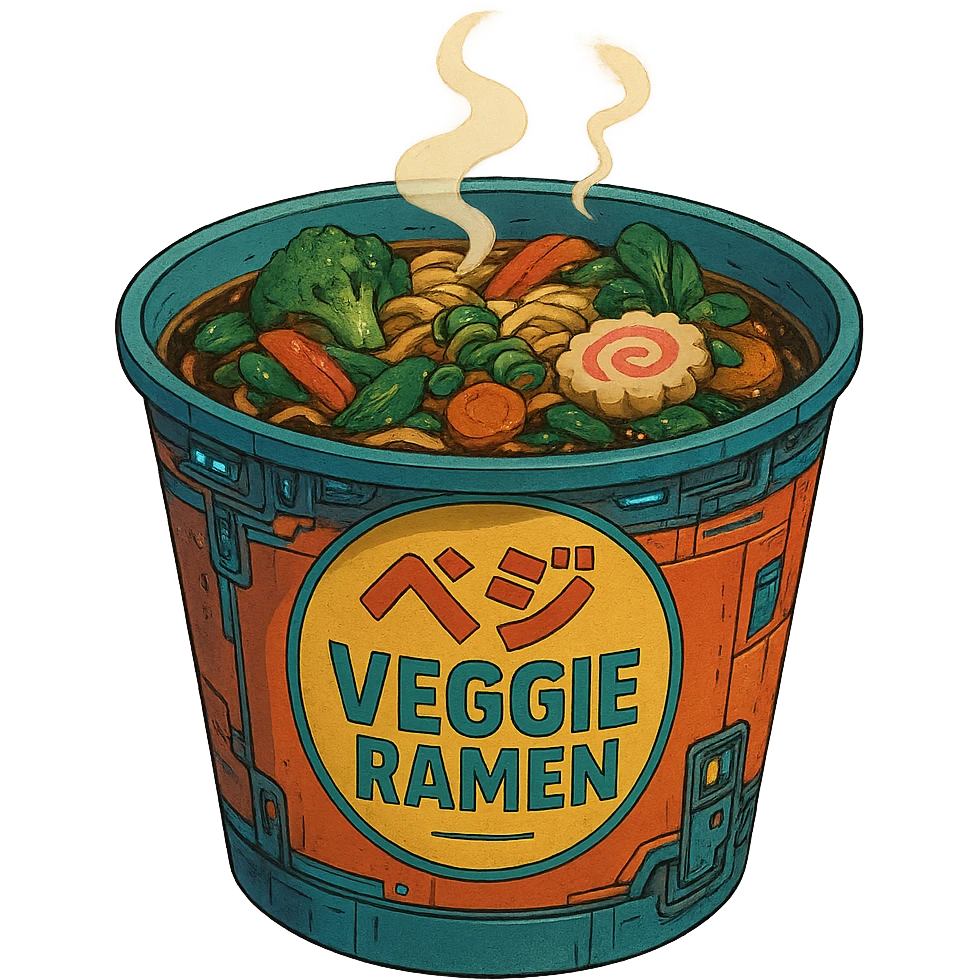 cyberpunk futuristic, scifi, a bowl of delicious veggie , ramen, 1990s, paper cup, classic style branding emoji