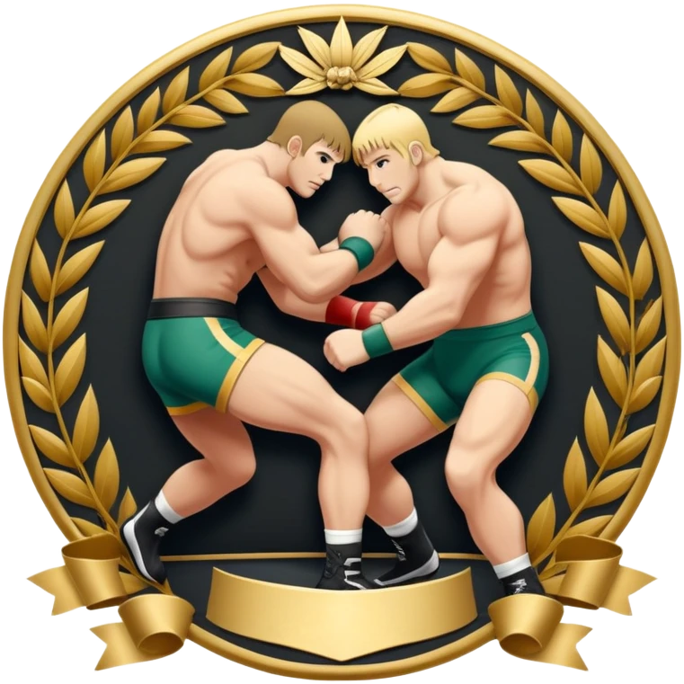 An icon symbolizing wrestling combat sports in the style of an emblem. The design features two wrestlers locked in a powerful grapple, one attempting to take the other down. Surrounding the scene are stylized elements like a championship belt, wrestling mat, and a laurel wreath.  emoji