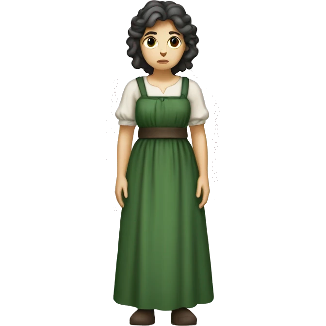 sad shepherdess, white skin, dark hair and green dress whole body emoji emoji