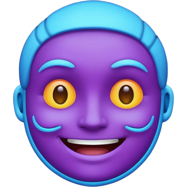 glowing face emoji, smiling, purple and blue neon color, dark background emoji