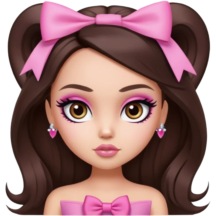 pretty bratz baddie, long hair brunette baddie with eyeliner and brown eyes and small pink bow emoji