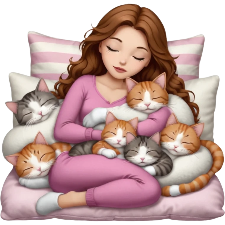 girl with long wavy brown hair, brown eyes, long lashes makeup, sexy pink lips, light to medium complexion,  sleeping on a cozy pillow, with 6 cats: 1 brown and white tabby cat, 1 ginger and white, 2 grey and white, 1 grey with white mittens and small white patch on chest and 1 calico, sleeping emoji