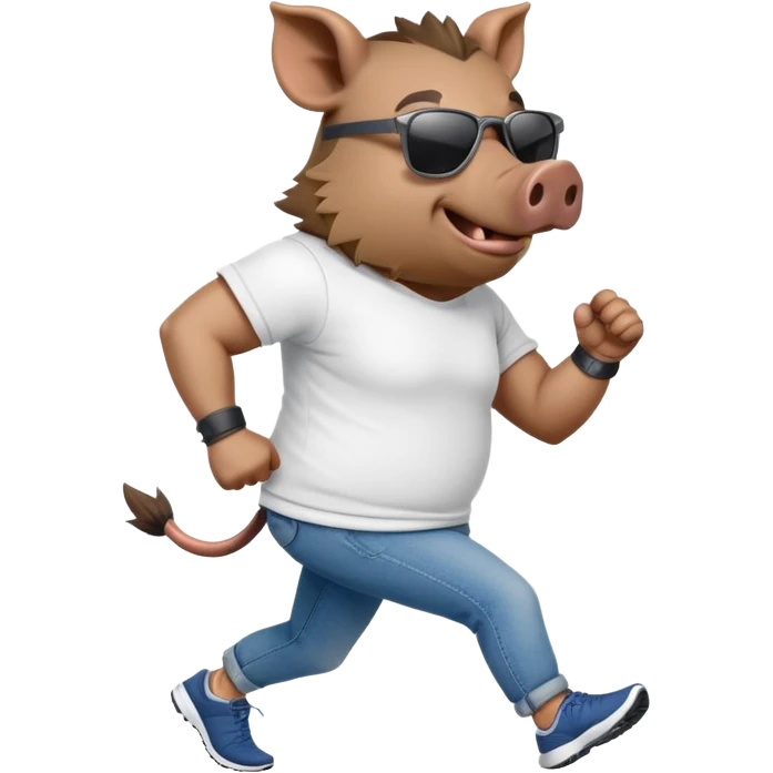 friendly anthropomorphised boar in jeans and a t-shirt, wearing dark sunglasses, jogging upright, standard pose emoji