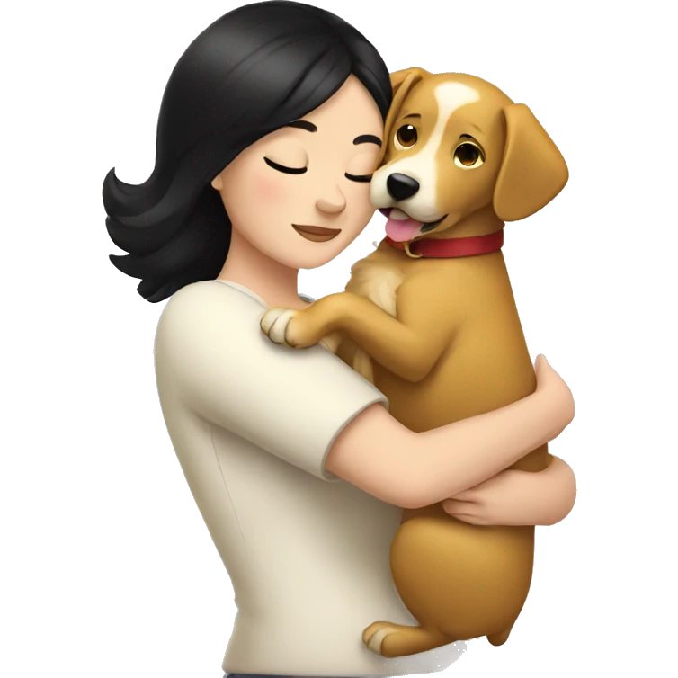 White woman with a black hair hugging a golden dog emoji