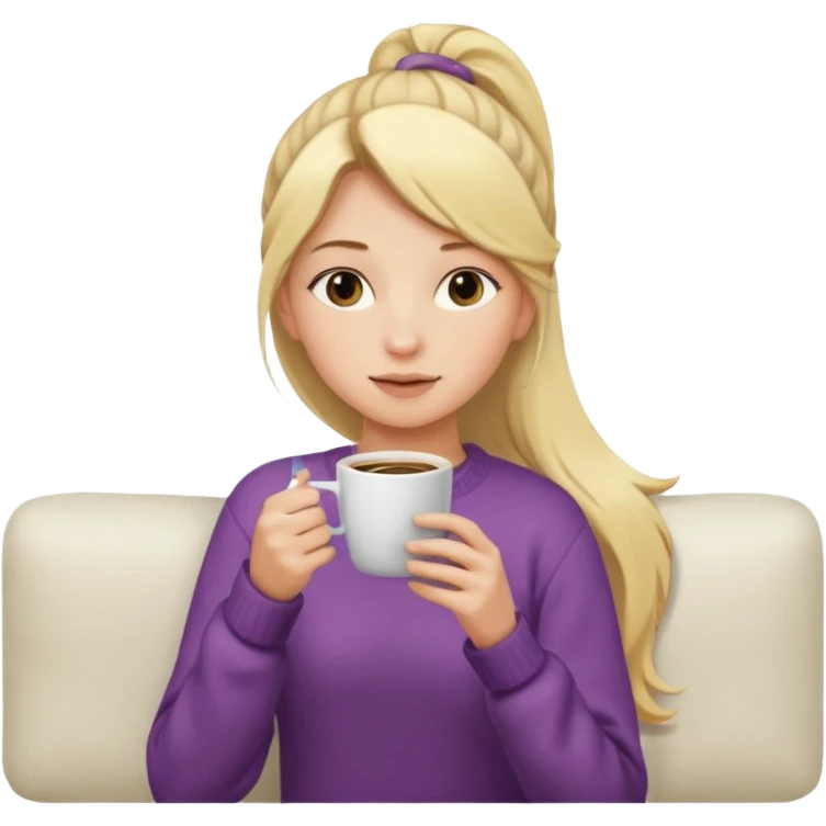 girl with long blonde ponytail sipping coffee on white couch emoji