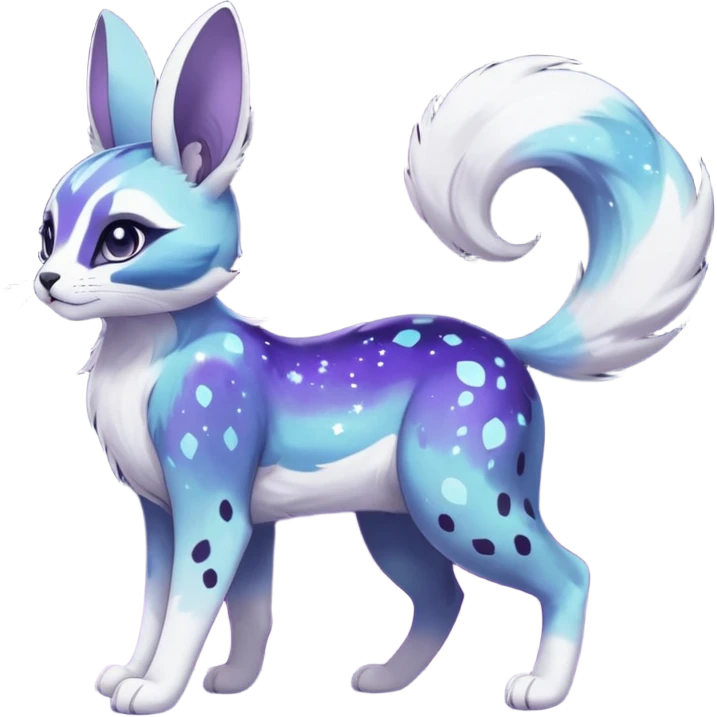 Colorful black-violet-indigo-purple-gradients nebulae nebula starry galactical shiny white-stars-spotted glorious iridescent divine exotic cute cool beautiful realistic Meloetta-caracal-civet-sergal-bunny-oncilla-animal-Fakémon-hybrid-fursona (full body) emoji