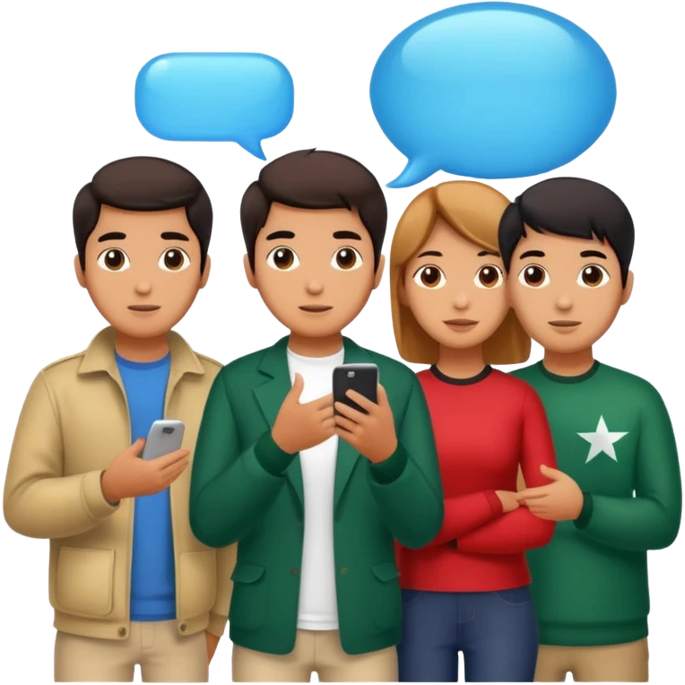 A group of young Pakistani people sitting around and sharing knowledge, with talking bubble of Hong kong emoji