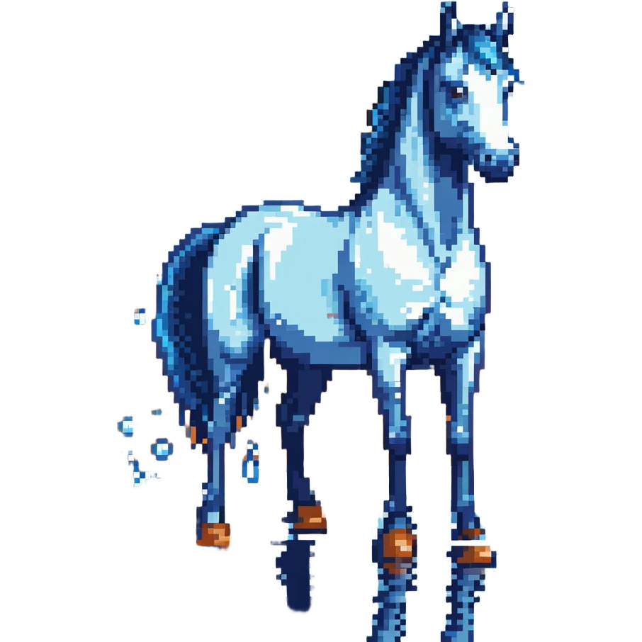 A horse composed of blue and transparent bubbles, with water effects emoji