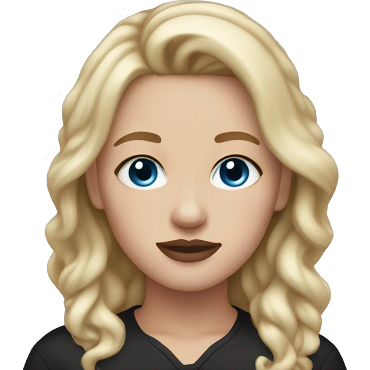a woman with freckles and blue eyes, light skin, blonde hair and dark roots. black clothes. light pink lips. emoji