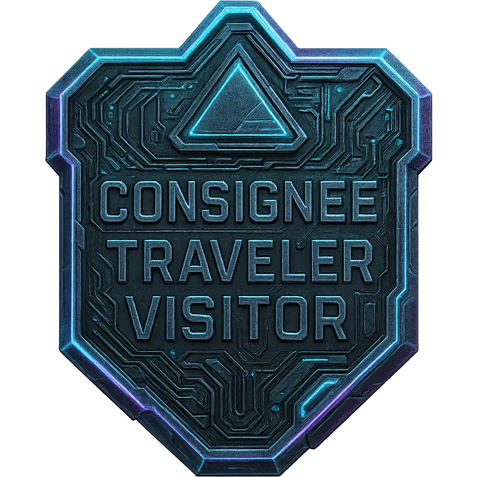 a metal insignia badge for a consignee traveler visitor, space scifi-futuristic cyberpunk futurepunk emoji