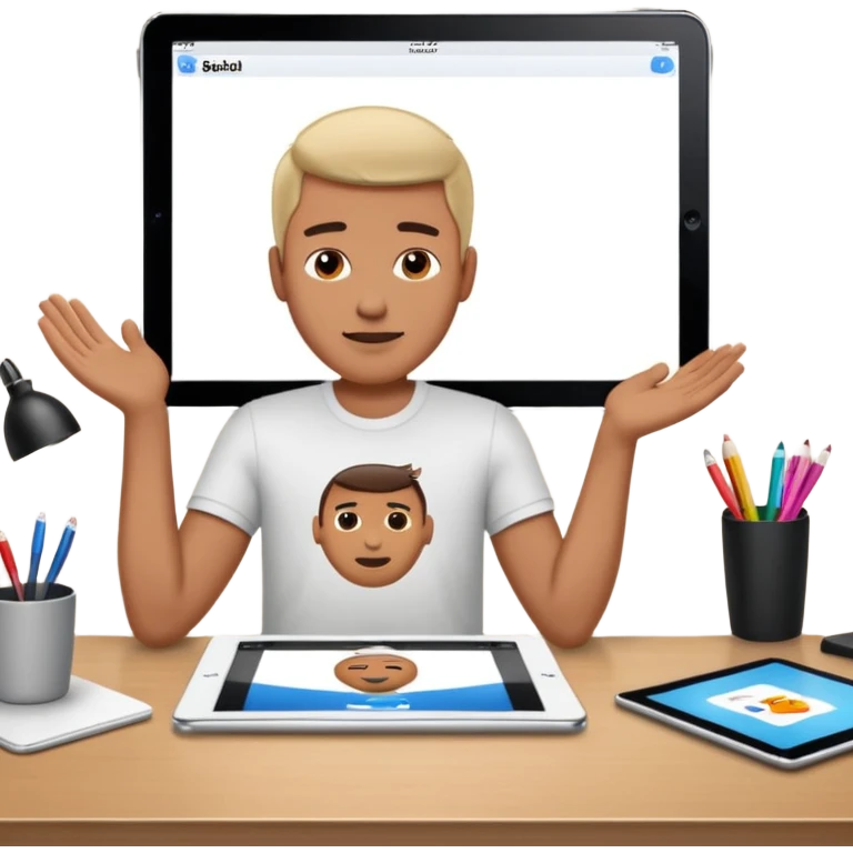 An iPad lying on a desk. On the iPad screen, a video is playing. The video shows a man talking to camera.  emoji