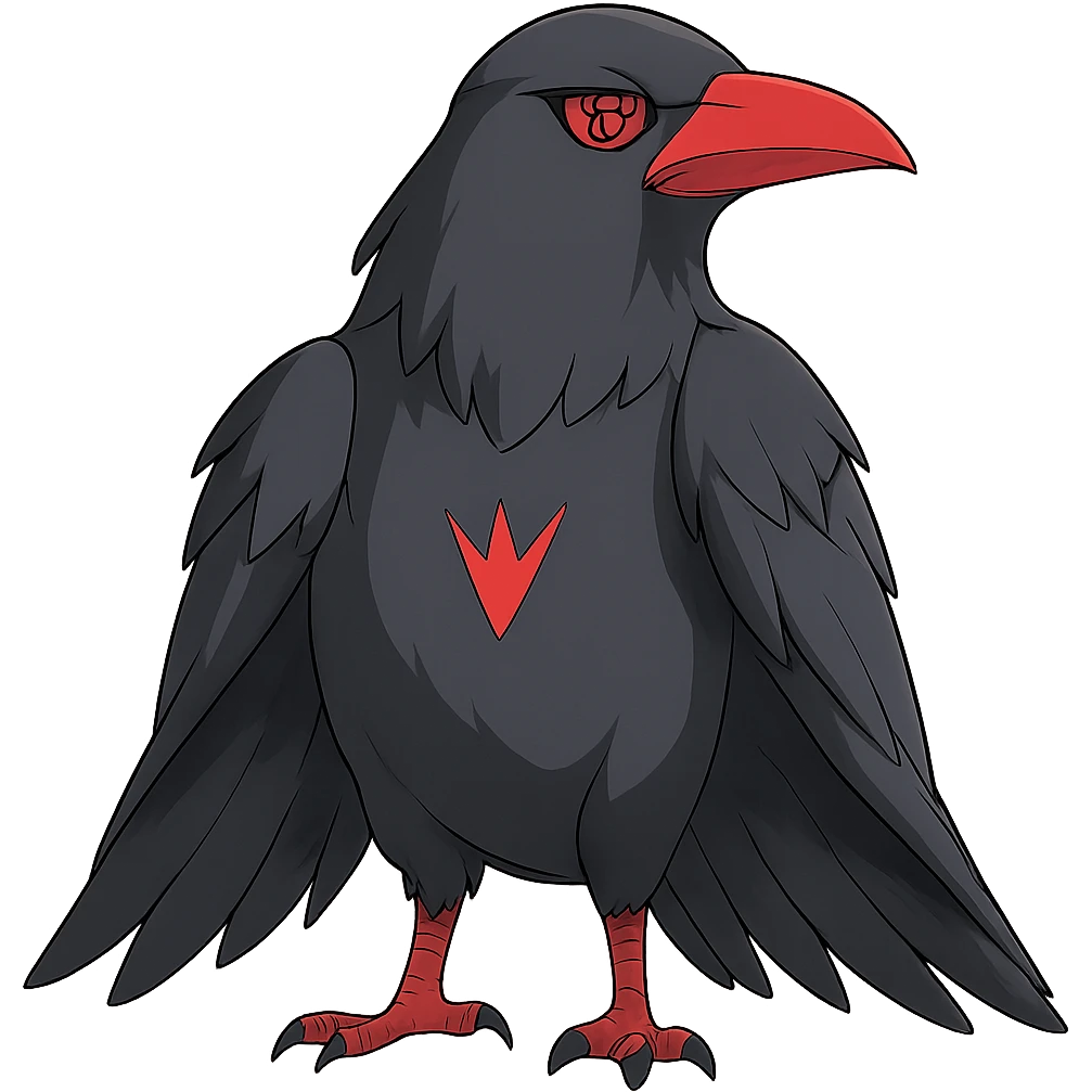 Add Sharingan eyes to the crow while keeping the dramatic pose and dark feathers. Render in a subtle anime style with no background. emoji