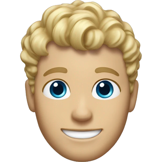 memoji of a blonde man with curly, messy bangs and short hair on the sides, smiling and without glasses, with blue eyes, without a mustache. emoji