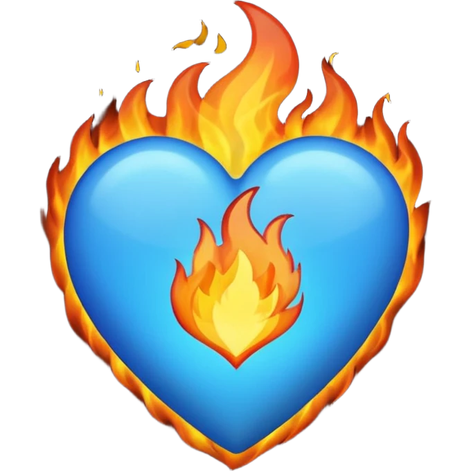 Change the white heart to a blue heart, keep the fire surrounding it on all sides, in emoji style. emoji