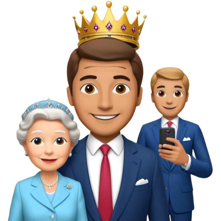 A person/a man who's taking a selfie in a room with the wax figures of the queen elizabeth the II emoji