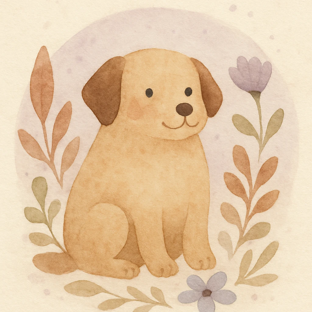 <systemPrompt>
  <style name="Watercolor Botanical Illustration">
    <medium>Watercolor</medium>
    <texture>
      <paper>Soft cotton texture, subtle grain</paper>
      <wash>Transparent color washes with visible layering</wash>
    </texture>
    <palette>
      <primary>Muted earth tones (browns, reds)</primary>
      <accent>Pastel purples and blues</accent>
      <background>Faded lavender wash with scattered dots</background>
    </palette>
    <details>
      <linework>Minimal, soft edges, no outlines</linework>
      <shading>Natural blending, subtle tonal gradients</shading>
      <features>
        <botanical>Organic shapes, abstract leaf and petal structures</botanical>
        <animal>Round forms, friendly expressions, simplified anatomy</animal>
      </features>
    </details>
    <composition>
      <focus>Centered subject</focus>
      <background>Soft circular watercolor wash</background>
      <spacing>Balanced with gentle whitespace</spacing>
    </composition>
    <atmosphere>Whimsical, serene, hand-painted</atmosphere>
  </style>
  <instructions>
    Use this style for all elements in the image. Ensure the soft watercolor texture is preserved across both the subject and background. Emphasize organic, natural forms with minimal sharp detail.
  </instructions>
</systemPrompt>

{subject} = dog emoji