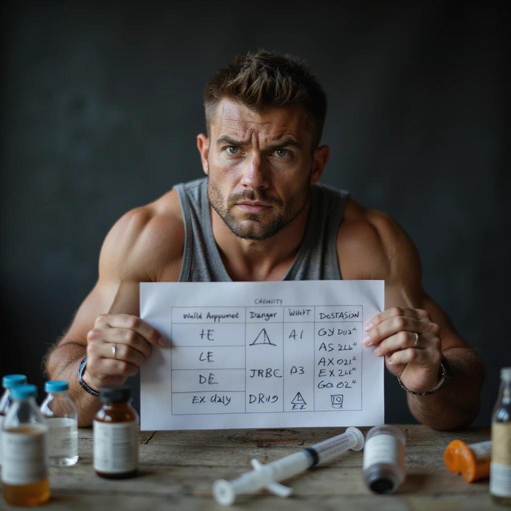 beginner bodybuilder making chemistry mistakes on first cycle, surrounded by bottles and syringes, dosage chart with errors and danger symbols, scared expression, risk atmosphere, realistic details, isolated on white background, 4K quality emoji