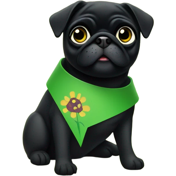 Black pug , surrounded by flowers, holding a green sign that says “good luck”  emoji