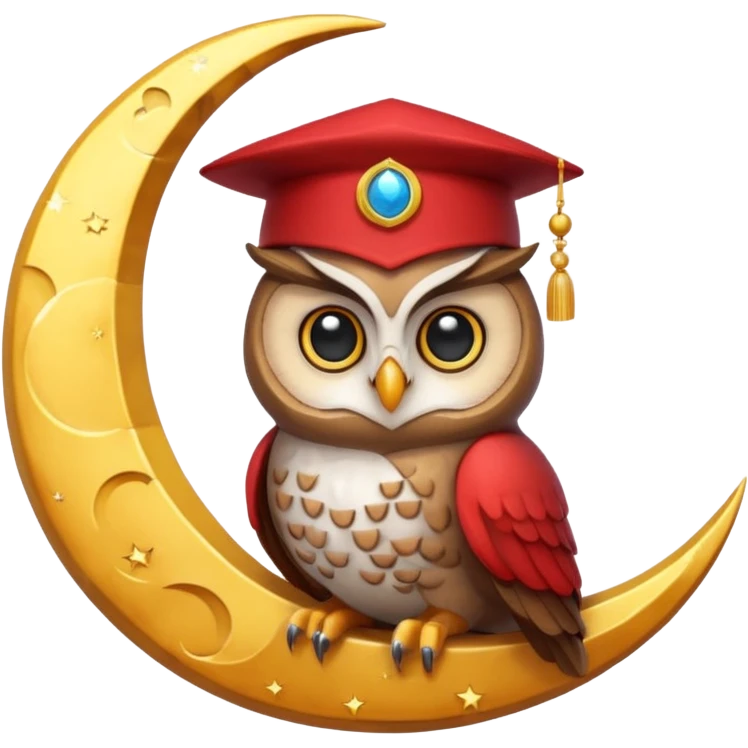 Owl wearing a tiny fez, sitting on a crescent moon. emoji