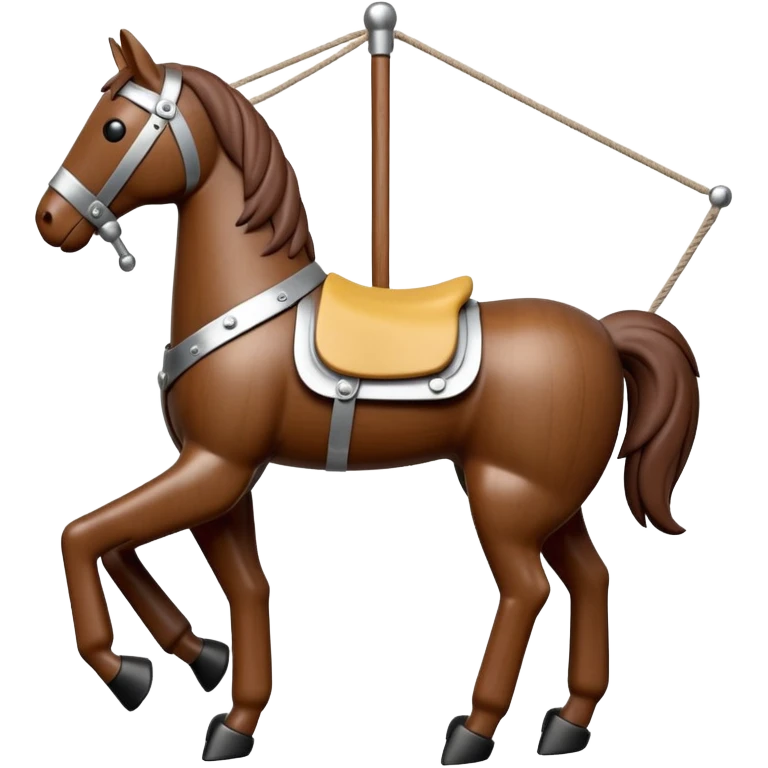 3D render of Horse Puppet as a wooden marionette puppet, Wooden toy horse on strings, silver metal screw joints at elbows and knees, polished brown wood texture, rigid toy pose, emoji style, isolated on white background --v 6.0. emoji