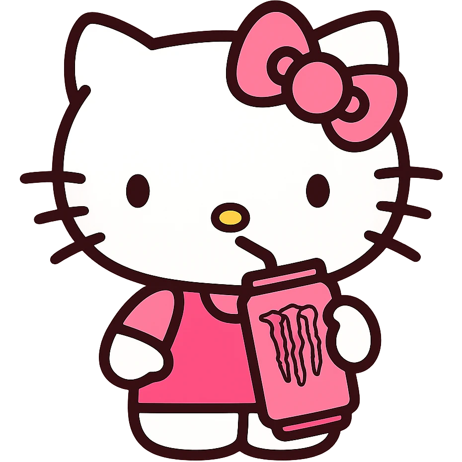 Hello Kitty drinking Monster Energy Drink, pink and white girly aesthetic, icon style emoji