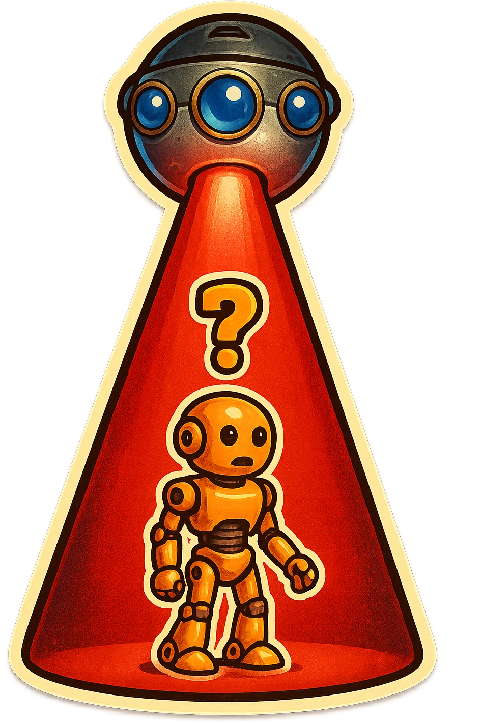 new character...robot being hit with a red beam by a flying robot emoji
