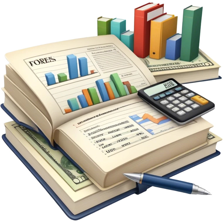 Icon for Business Reading: an open book with graphs, numbers, percentages, formulas, and text on the pages, next to a stack of books, a pile of dollars, a calculator, a pen, and business magazines like Forbes. Transparent background. emoji