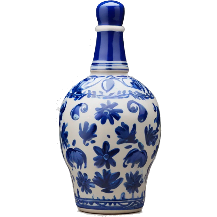 The Clase Azul Tequila bottle is a tall, hand-painted ceramic piece in white with cobalt blue floral designs, topped by a distinctive blue, bell-shaped stopper. emoji